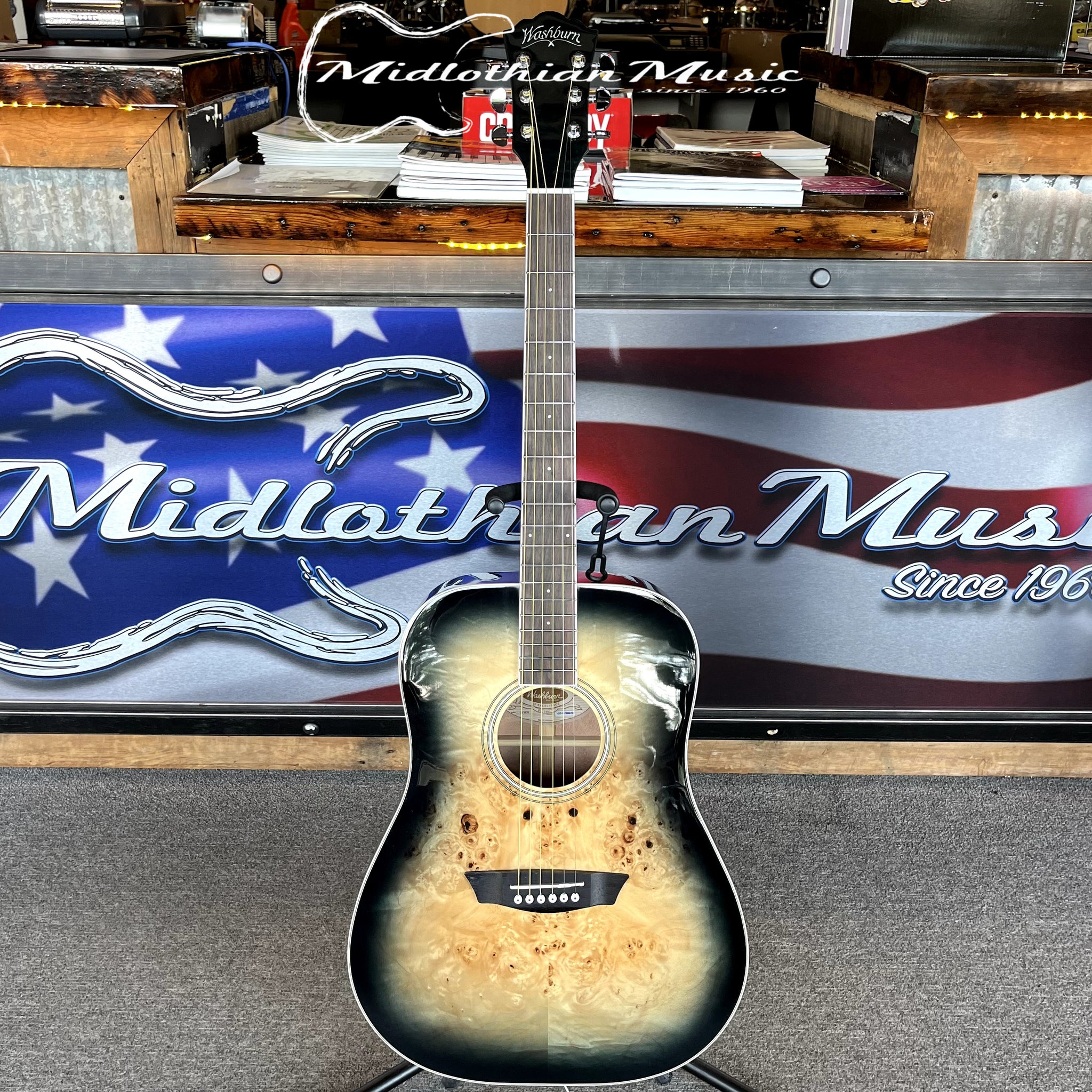 Washburn - Deep Forest Burl - 6-String Dreadnought Acoustic Guitar - Black Fade Gloss