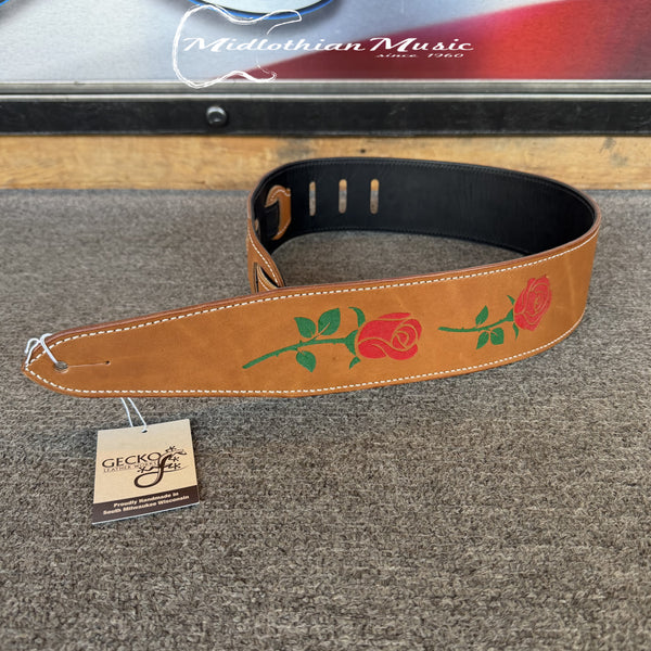 Gecko Leather Works - Handmade Leather Guitar Strap - Brown & Rose Flowers Finish