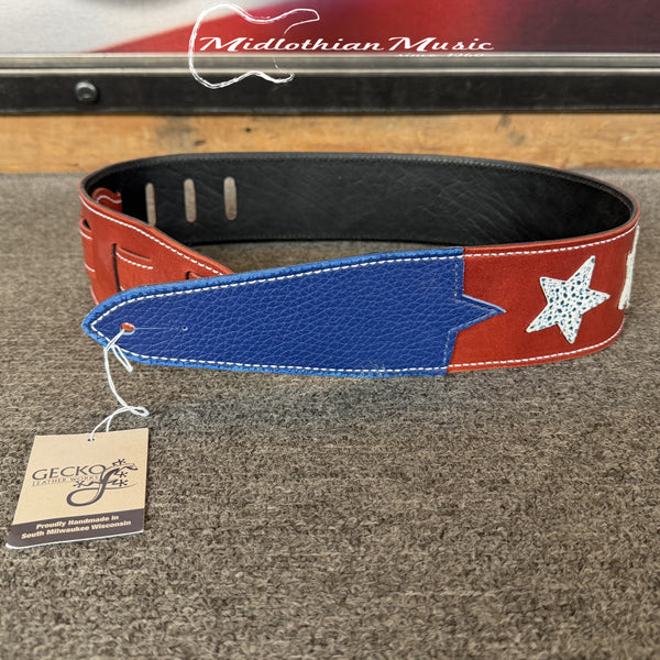 Gecko Leather Works - Handmade Leather Guitar Strap - Red, White, Blue Stars Finish