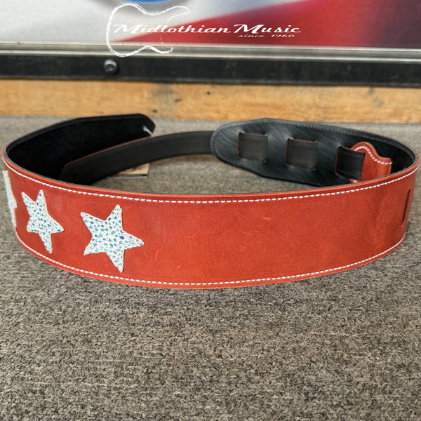 Gecko Leather Works - Handmade Leather Guitar Strap - Red, White, Blue Stars Finish