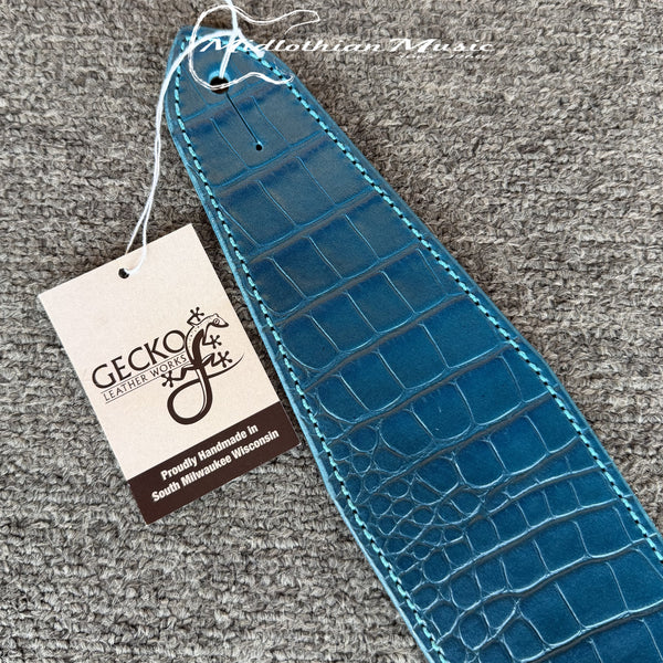 Gecko Leather Works - Handmade Leather Guitar Strap - Blue Gator Skin Finish