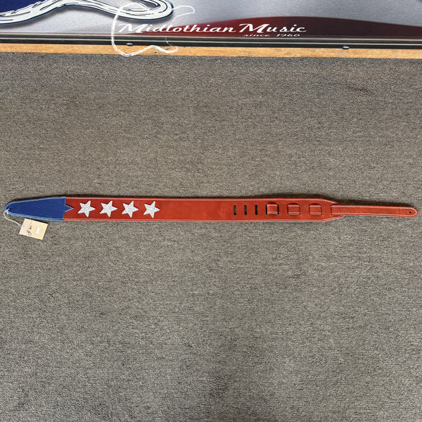 Gecko Leather Works - Handmade Leather Guitar Strap - Red, White, Blue Stars Finish