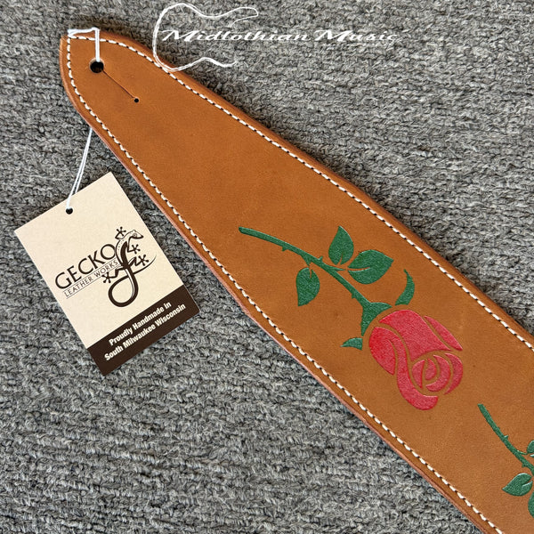 Gecko Leather Works - Handmade Leather Guitar Strap - Brown & Rose Flowers Finish