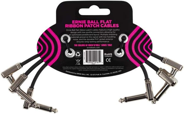 Ernie Ball Flat Ribbon Patch Cable 3-Pack, 6", Black (P06221)