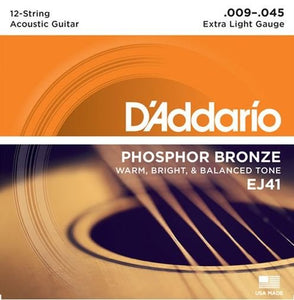 D'Addario Guitar Strings - Phosphor Bronze - EJ41 - 9-45 Extra Light 12-String Acoustic Guitar Strings
