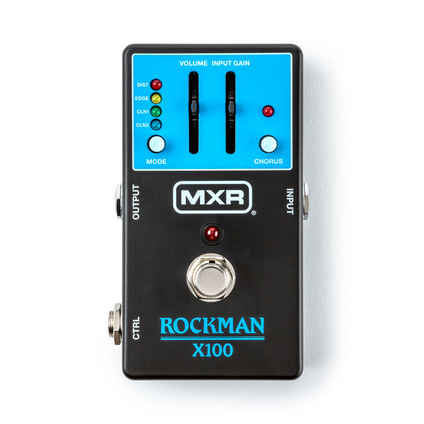 MXR Rockman X100 Analog Tone Processor pedal with black and blue finish, featuring knobs for volume, input gain, and modes, as well as a footswitch for activation.
