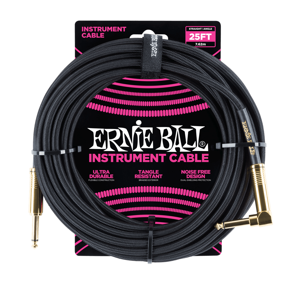Ernie Ball Braided Instrument Cable - Straight/Angle - 25Ft - Black/Gold