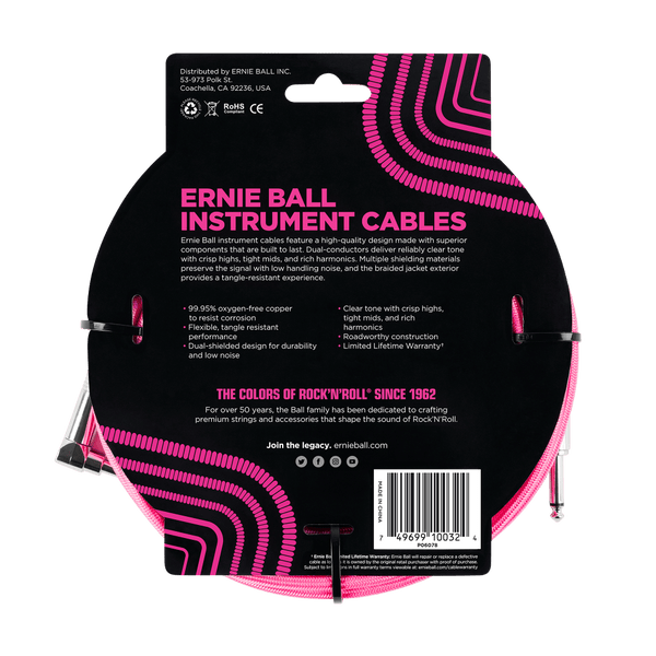 Ernie Ball Braided Instrument Cable - Straight/Angle - 10FT - Neon Pink