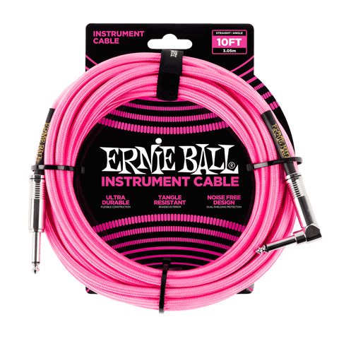 Ernie Ball Braided Instrument Cable - Straight/Angle - 10FT - Neon Pink