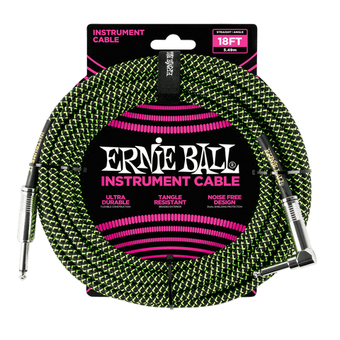Ernie Ball Braided Instrument Cable Straight/Angle 18Ft. - Black/Green Finish