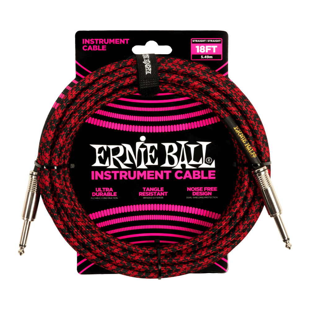 Ernie Ball Braided Instrument Cable, Straight To Straight, 18ft - Red/Black Finish