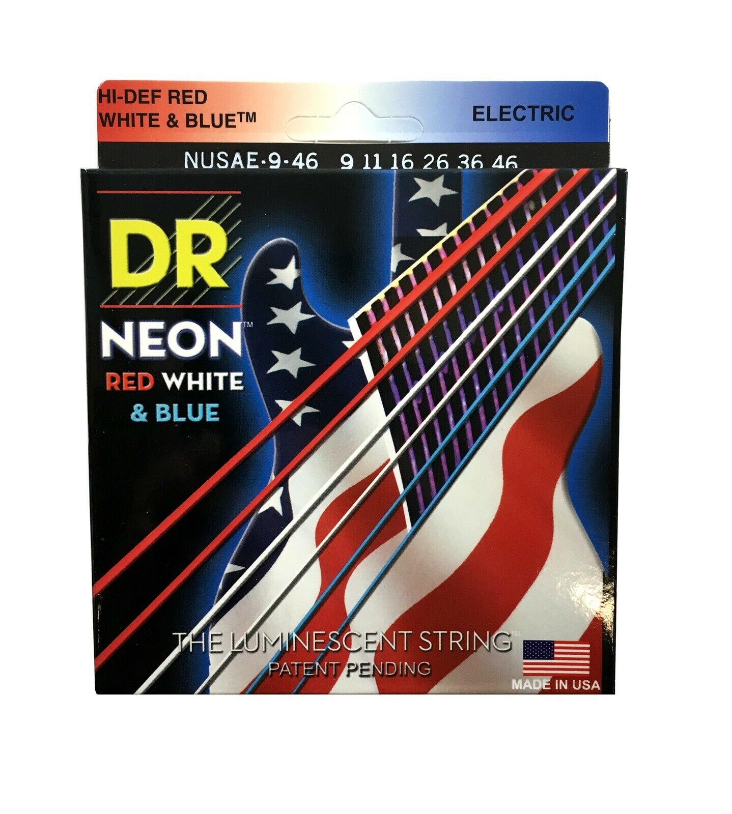 DR Strings HI-DEF NEON - Red, White & Blue - Electric Guitar Strings (NUSAE-9) 9-42