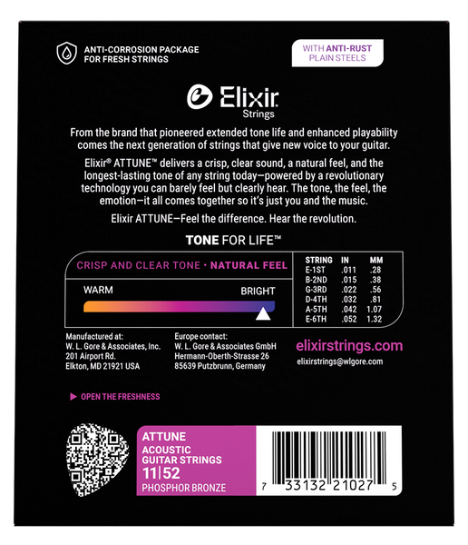 Elixir - Attune Acoustic Guitar Strings - Phosphor Bronze - Custom Light 11-52