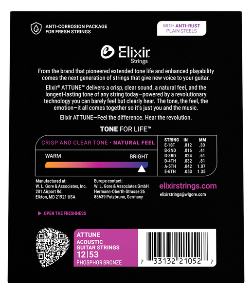 Elixir - Attune Acoustic Guitar Strings - Phosphor Bronze - Light 12-53