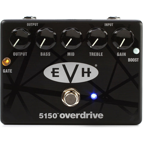 MXR - EVH 5150 Overdrive Pedal, black with white and silver text and graphics, featuring control knobs for output, bass, mid, treble, gain, and boost, as well as a gate switch.